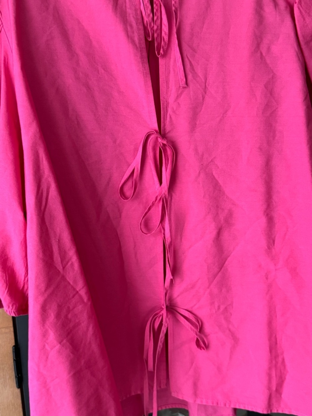 H&M blouse bows puff short sleeve cotton poplin tie back hot pink top flowy - Picture 5 of 8